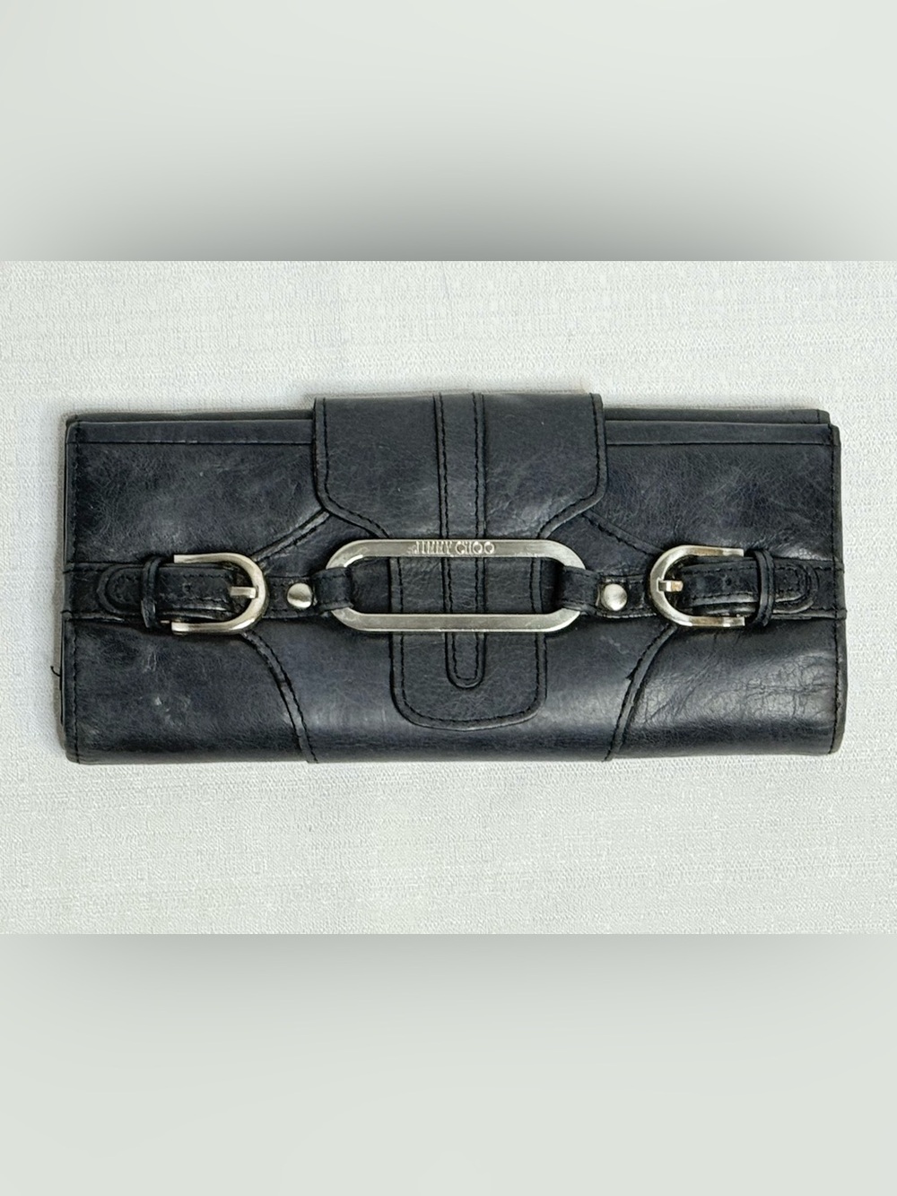Jimmy Choo Black Leather Y2K Continental Wallet Silver Hardware Long Bifold